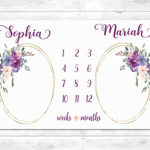 Twin Girls Milestone Blanket with Sunflowers,  Floral Baby Month Blanket, Personalized Baby Shower Gift for Twin Girls, Personalized Blanket