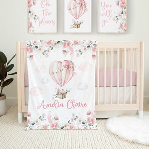 Floral Hot Air Balloon Blanket with Name, Personalized Baby Girl Blanket, Custom Toddler Girl Name Blanket, Floral Heart Baby Blanket SB565