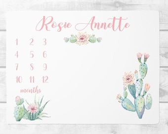 Floral Cactus Milestone Blanket Personalized Monthly Growth Tracker Custom Baby Shower Gift For New Mom Newborn Blanket Boho Nursery Bedding