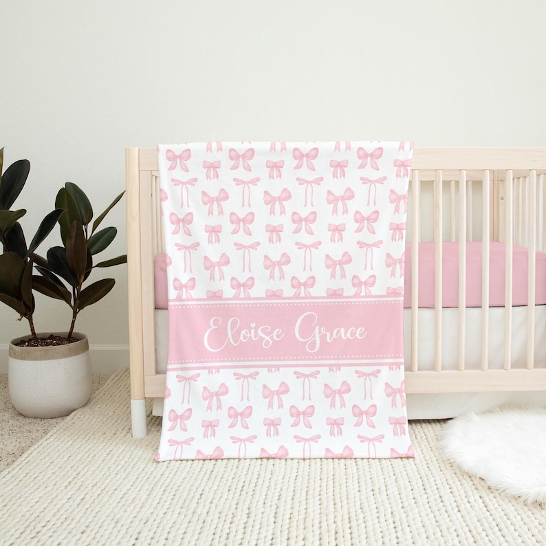 Personalized Pink Bow Blanket with Name, Personalized Baby Girl Blanket, Custom Toddler Girl Birthday Gift, Coquette Bow Shower gift SB587 image 1