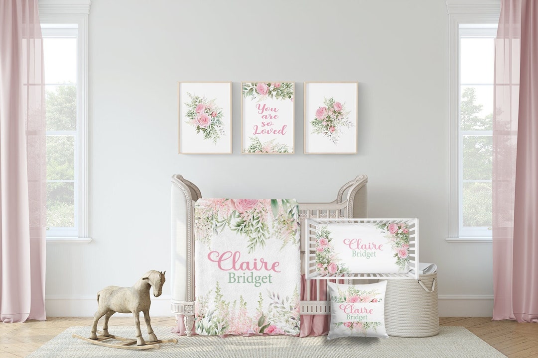 Soft Pink Floral Crib Bedding Set personalized Baby Girl Blanket With
