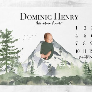 Mountain Milestone Blanket Boy , Personalized Baby Boy Blanket with Trees, Baby Growth Tracker,  Custom Name Blanket, New Baby Shower Gift