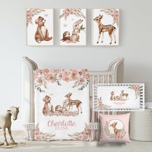 Baby Girl Woodland Animals Crib Bedding Set -Personalized Baby Girl Blanket with Woodland Animals- Boho Floral Woodland Nursery Set A536