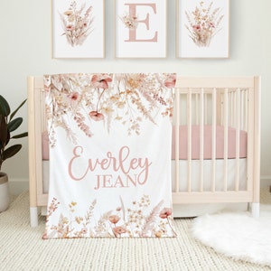 Natural Wildflower Blanket with Name, Personalized Boho Baby Girl Blanket, Custom Toddler Girl Name Blanket, Boho Floral Baby Blanket SB908