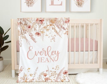 Natural Wildflower Blanket with Name, Personalized Boho Baby Girl Blanket, Custom Toddler Girl Name Blanket, Boho Floral Baby Blanket SB908