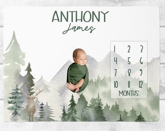 Mountains Baby Milestone Blanket Boy, Woodland Milestone Blanket, Personalized Baby Blanket,  Month Blanket, Adventure Boy Blanket SM535