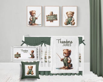 Baby Boy Fishing Crib Bedding Set  -Personalized Baby Boy Blanket with Teddy Bear Nursery Bedding, Baby Shower gift for Fisherman  580