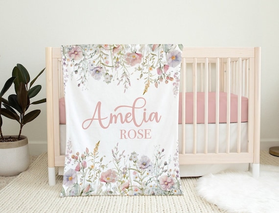 Blush Wildflower Blanket with Name, Personalized Baby Girl Blanket, Custom Toddler Girl Name Blanket, Blush Floral Baby Blanket  SB556