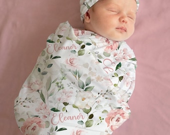 Soft Pink Floral Baby Girl Blanket Hat Set -Personalized Baby Girl Swaddle Set - Name Announcement -Personalized Baby Girl Blanket - A543