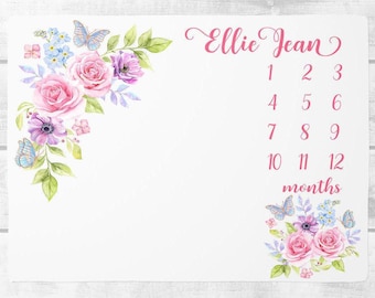 Manta de hitos para bebé niña, manta floral con mariposas para el mes del bebé, regalo personalizado para baby shower, seguimiento del crecimiento y la edad.