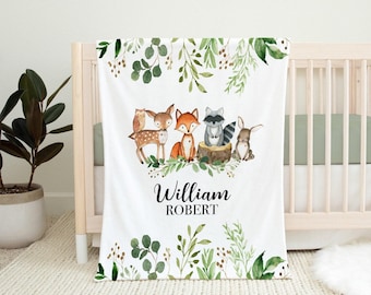 Woodland Baby Blanket- Personalized Baby Boy Blanket - Name Blanket - Baby Shower Gift- Personalized Baby Gift -Woodland Animals Nursery-546