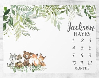 Woodland mijlpaaldeken jongen, gepersonaliseerde deken babyjongen, bosdier babydeken, aangepaste deken, nieuwe babycadeau, douchecadeau SM549
