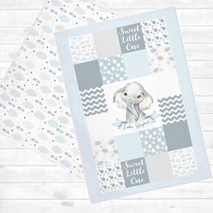 Manta de bebé con elefante personalizada - Edredón para bebé niño - Manta Minky - Regalo para bebé - Regalo personalizado para bebé - Nombre del bebé - Guardería con elefante SB144