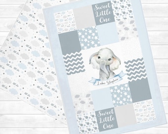 Manta de bebé con elefante personalizada - Edredón para bebé niño - Manta Minky - Regalo para bebé - Regalo personalizado para bebé - Nombre del bebé - Guardería con elefante SB144