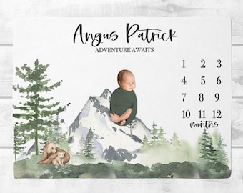Woodland mijlpaaldeken jongen, gepersonaliseerde deken babyjongen met beren, groeimeter baby, aangepaste naamdeken, nieuw kraamcadeau