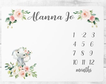 Baby Girl Milestone Blanket, Floral Elephant Milestone Monthly Blanket, Baby Shower Gift, Track Growth and Age, New Mom Baby Shower Gift