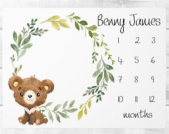 Mijlpaaldeken babyjongen Gepersonaliseerde deken babyjongen Babygroei-tracker beer mijlpaaldeken Kraamcadeau Maandelijkse babydeken