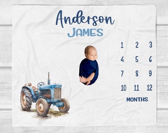 Tractor Milestone Deken, Baby Milestone Deken met Blauwe Tractor, Gepersonaliseerde Baby Deken, Farm Baby Maand Deken, Farm Boy Deken