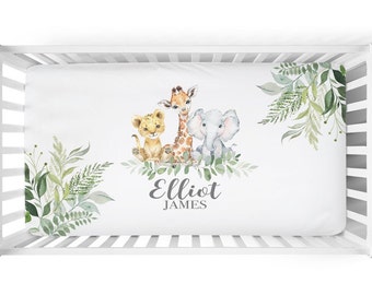 Personalized Safari Animal Sheet with Name- Custom Safari Crib Bedding.  Baby Boy Gifts. Safari Nursery- Elephant Baby Boy Bedding SS114