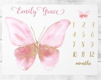 Manta de mariposa para bebé niña, manta personalizada para bebé, manta de seguimiento del crecimiento de mariposa, regalo personalizado para baby shower.