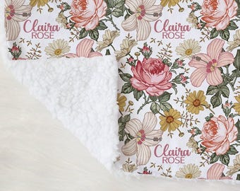 Vintage Floral Swaddle Blanket Headband Hat Set -Personalized Baby Shower Gift - Hospital Name Announcement - Personalized Baby Girl Blanket