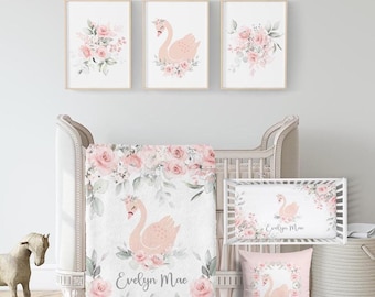 Bloemen zwaan wieg beddengoed set-meisje zwaan kwekerij beddengoed set-blush bloemen beddengoed set-gepersonaliseerde kwekerij beddengoed-bloemen wieg set-A586