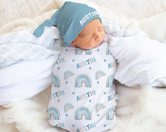 Rainbow Baby Boy Swaddle Blanket Hat Set -Custom Baby Shower Gift Hospital  Name Announcement -Personalized Baby Boy Blanket with Rainbows-