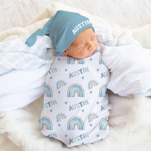 Baby Boy Swaddle Set With Name Blanket Beanie Hat Etsy