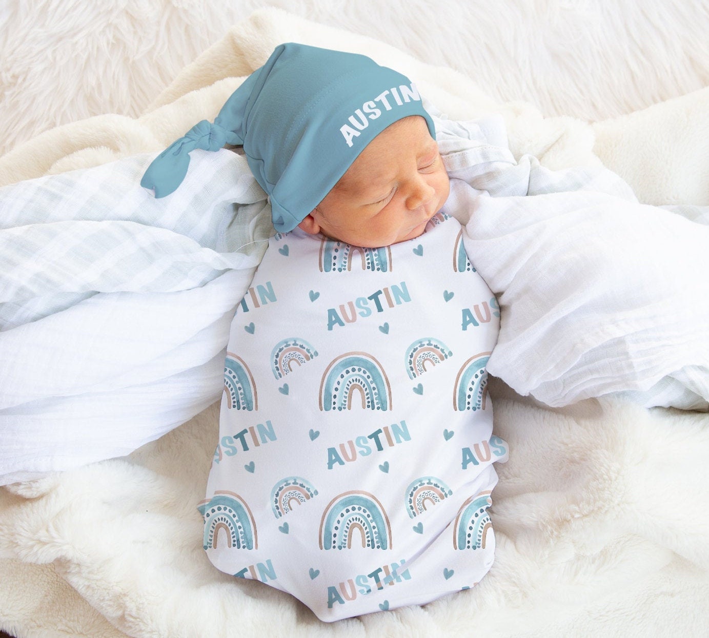Rainbow Baby Boy Swaddle Blanket Hat Set custom Baby Shower Etsy