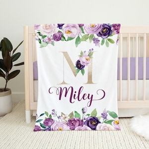 Personalized Baby Girl Blanket - Violey Floral Baby Blanket -Baby Name Blanket -Baby Shower Gift-Personalized Baby Gift - Monogrammed Baby