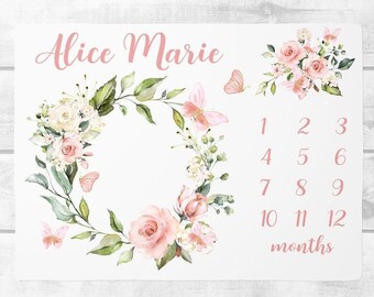Manta de mariposa para hitos de bebé, manta floral para el mes del bebé, regalo personalizado para baby shower de niña, manta con nombre para niña SM118