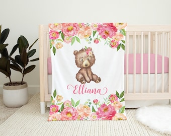 Manta personalizada para niña - Manta con osito de peluche del bosque - Manta con nombre - Regalo para baby shower - Regalo personalizado - Recuerdo
