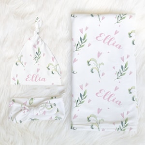 Greenery and Hearts Swaddle Blanket Headband Hat Set -Personalized Baby Shower Gift -Baby Name Announcement - Personalized Baby Girl Blanket