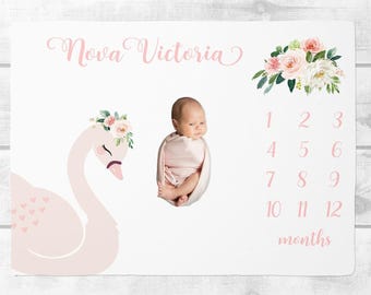 Baby Girl Milestone Blanket, Floral Swan Baby Month Blanket,  Baby Growth Tracker Blanket, Personalized Baby Girl Blanket, Baby Shower Gift