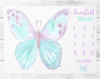 Manta personalizada para niña con hitos de crecimiento mensual, regalo personalizado para baby shower para mamá primeriza, manta de mariposa para habitación de recién nacidos.