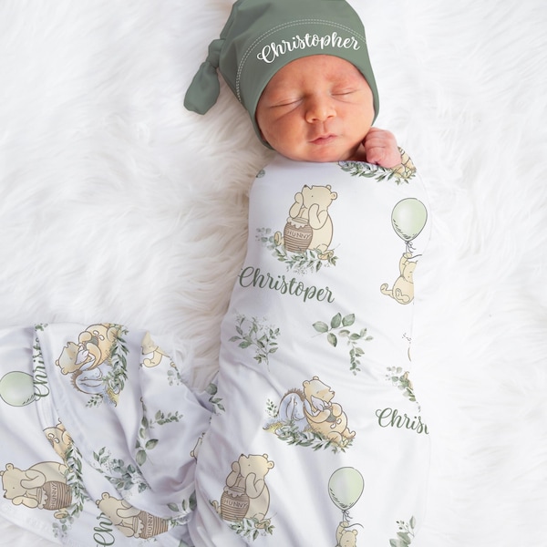 Winnie the Pooh Swaddle set -Personalized Baby Boy Winnie the Pooh Blanket Hat Set - Classic Pooh Coming Home Oufit -Baby shower gift sbs615