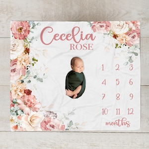 Wild flower Milestone Blanket, Baby Girl Month Blanket, Personalized Baby Girl Blanket with Meadow florals Baby  Gift Newborn Photos