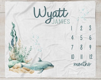 Ocean Milestone Blanket Boy, Personalized Baby Boy Blanket, Dolphin baby Month Blanket, Under The Sea Blanket, Baby Shower Gift SM564