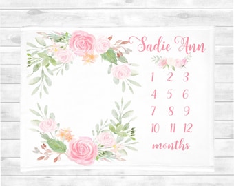 Meilenstein-Decke für Mädchen, Rose Pink Floral / Wachstums-Tracker Mädchen Personalisierte Baby-Decke Mädchen-Decke / Kundenspezifisches Swaddle, das SM177 erhält