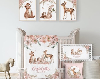 Baby Girl Woodland Animals Crib Bedding Set -Personalized Baby Girl Blanket with Woodland Animals- Boho Floral Woodland Nursery Set A536