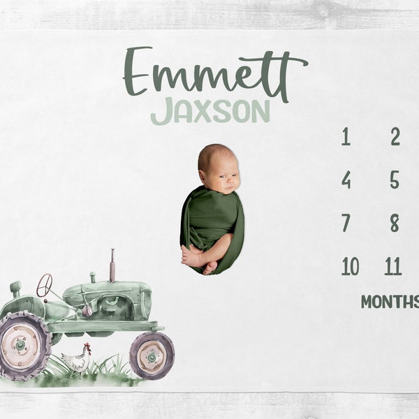 Farm Baby Milestone Blanket, Baby Milestone Blanket with Green Tractor, Personalized Baby Blanket, Month Blanket, Farm Boy Blanket SM136