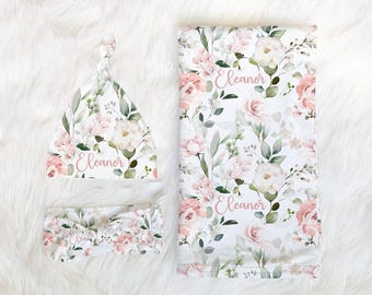 Rosa Blumen Baby Mädchen Decke Stirnband Set - Name Bekanntgabe - Personalisierte Baby Mädchen Decke - SW543