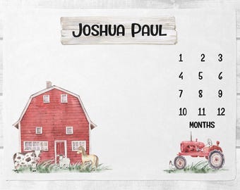 Farm Milestone Blanket, Baby Milestone Blanket with Farm Animals, Personalized Baby Blanket,  Baby Month Blanket, Farm Boy Blanket with Name