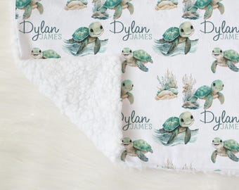 Sea Turtle Baby Blanket- Personalized Baby Boy Ocean Blanket -Turtle Baby Shower Gift- Custom Baby Gift-Under the sea Nursery Bedding SBS561