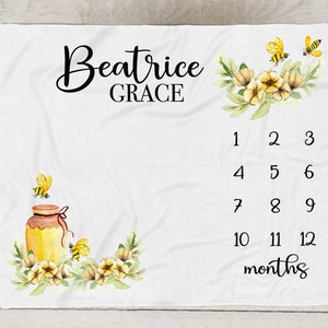 Manta floral de hito de abeja, manta del mes de la niña, manta personalizada para niña, regalo de baby shower de abejorro, fotos de recién nacidos SM557