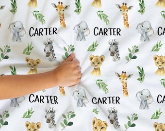 Kocyk Safari dla dziecka - Spersonalizowany kocyk dla chłopca - Kocyk z imieniem dziecka - Prezent na baby shower - Spersonalizowany prezent dla dziecka - Pokój dziecięcy Safari Animals