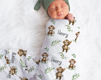 Conjunto de manta y gorro para bebé con diseño de mono - Conjunto personalizado de manta y gorro para bebé niño - Regalo para baby shower con diseño de mono - Manta con diseño de animales de la selva - Conjunto para hospital y hogar - S584