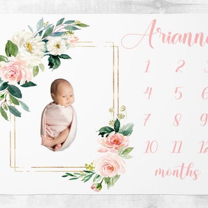 Baby meisje mijlpaal deken, blozen bloemen baby maand deken, groei tracker deken, gepersonaliseerde baby meisje deken, nieuwe moeder cadeau SM143