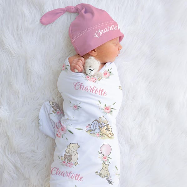 Baby Girl Winnie the Pooh Swaddle Set - Personalized Newborn Blanket Headband Set -Classic Pooh, Piglet, Hospital Coming Home outfit sbs606