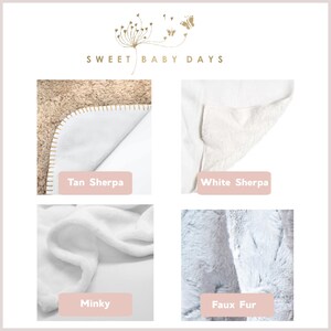 May include: Four different fabric swatches for baby blankets. Tan sherpa, white sherpa, minky, and faux fur.